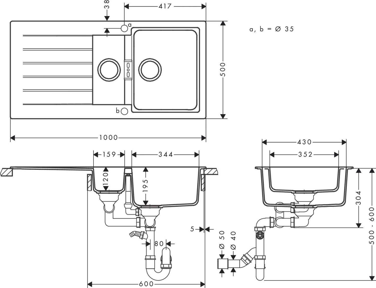 Hansgrohe Einbauspüle 43357170 750x490mm, Haupt- Und Zusatzbecken, 980 X 480 Mm, Graphitschwarz 2 Hansgrohe Einbauspüle 43357170 750x490mm, Haupt- Und Zusatzbecken, 980 X 480 Mm, Graphitschwarz – Bild 2